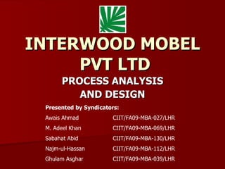 INTERWOOD MOBEL  PVT LTD PROCESS ANALYSIS AND DESIGN Presented by Syndicators: Awais Ahmad CIIT/FA09-MBA-027/LHR M. Adeel Khan CIIT/FA09-MBA-069/LHR Sabahat Abid CIIT/FA09-MBA-130/LHR Najm-ul-Hassan CIIT/FA09-MBA-112/LHR Ghulam Asghar CIIT/FA09-MBA-039/LHR 