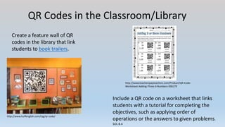 QR Codes in the Classroom/Library
Create a feature wall of QR
codes in the library that link
students to book trailers.
http://www.huffenglish.com/tag/qr-code/
Include a QR code on a worksheet that links
students with a tutorial for completing the
objectives, such as applying order of
operations or the answers to given problems.
SOL 8.4
http://www.teacherspayteachers.com/Product/QR-Code-
Worksheet-Adding-Three-3-Numbers-936179
 