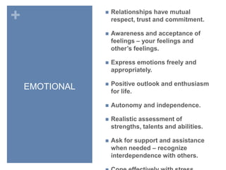 EMOTIONALRelationships have mutual respect, trust and commitment.Awareness and acceptance of feelings – your feelings and other’s feelings.Express emotions freely and appropriately.Positive outlook and enthusiasm for life.Autonomy and independence.Realistic assessment of strengths, talents and abilities.Ask for support and assistance when needed – recognize interdependence with others.Cope effectively with stress. Manage conflicts, challenges and risks, and the related emotions.