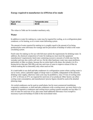 Energy required to manufacture ice kWh/ton of ice made



Type of ice                      Temperate area
Block                            40-50


The values in Table are for icemaker machinery only.

Water

In addition to water for making ice, water may be required for cooling, as in a refrigeration plant
condenser, or for heating, as in a warm water defrosting system.

The amount of water required for making ice is roughly equal to the amount of ice being
produced plus some allowance for wastage and for prevention of buildup of solids in the water
circulating system.

Fresh water for making ice for use with fish must satisfy the requirements for drinking water. In
addition, the chemical composition of water for making ice must meet the equipment
manufacturers' requirements; hard water containing excessive amounts of solids may foul the
icemaker and may also yield a soft wet ice. On the other hand pure water may cause problems,
particularly in flake ice plants, because the ice sticks hard to the drum; the remedy is to fit a
dosing device that puts 200-500 g salt into each tons of water to improve release of the ice
without making the ice detectably salty when used on fish.

It is inadvisable to use shell and tube condensers in a refrigeration system where cooling water is
run to waste, unless a plentiful supply of cheap water is available, independent of the domestic
drinking water supply; otherwise water costs may be prohibitive, since 15 tons of cooling water
at 10°C or 60 tons at 25°C are required for each tons of ice produced. Other factors can affect
cooling water consumption, and manufacturers' precise figures should be used at the detailed
planning stage.

Air cooled condensers can be used on small plants, but for most commercial installations
evaporative condensers, or shell and tube condensers with a cooling tower, are more likely to be
supplied. Evaporative condensers and cooling tower cooling systems normally use less than 1/2
tons of water for each tons of ice, plus some small additional allowance if an overspill is
necessary to prevent buildup of solids in the recirculated water.
 