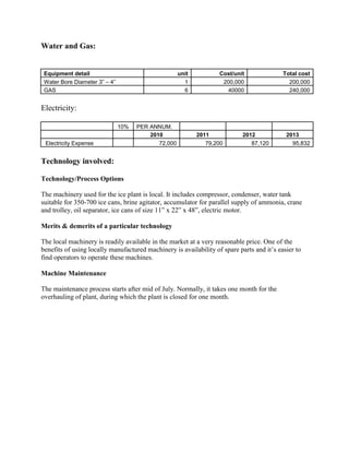 Water and Gas:


 Equipment detail                                    unit          Cost/unit               Total cost
 Water Bore Diameter 3” – 4”                           1            200,000                  200,000
 GAS                                                   6             40000                   240,000


Electricity:

                               10%   PER ANNUM.
                                         2010               2011            2012            2013
 Electricity Expense                        72,000             79,200          87,120         95,832


Technology involved:

Technology/Process Options

The machinery used for the ice plant is local. It includes compressor, condenser, water tank
suitable for 350-700 ice cans, brine agitator, accumulator for parallel supply of ammonia, crane
and trolley, oil separator, ice cans of size 11” x 22” x 48”, electric motor.

Merits & demerits of a particular technology

The local machinery is readily available in the market at a very reasonable price. One of the
benefits of using locally manufactured machinery is availability of spare parts and it’s easier to
find operators to operate these machines.

Machine Maintenance

The maintenance process starts after mid of July. Normally, it takes one month for the
overhauling of plant, during which the plant is closed for one month.
 
