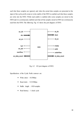 39
such that those samples are ignored, and when the actual data samples are presented at the
input of the cyclic prefix remover write enable of the FIFO is enabled such that those samples
are write into the FIFO. While read enable is enabled after some samples are stored in the
FIFO and it is continuously enabled such that all the samples stored in FIFO are continuously
read from the FIFO. The following Fig. 4.3 shows the port diagram of FIFO.
Fig. 4.3 I/O port diagram of FIFO
Specifications of the Cyclic Prefix remover are
 Write clock – 10.5Mbps
 Read clock – 9.333Mbps
 Buffer length – 1024 samples
 Read latency – 1 clock cycle
FIFO
wr_clk
wr_data_count
full
wr_ack
overflow
din
wr_en
rd_clk
rd_en
rd_data_count
dout
empty
valid
underflow
 