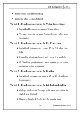 IBS Bangalore 2015
52 RELIANCE VISION EXPRESS PVT. LTD
 Some would use it for Reading
 Some for a fair look and stylish
Target 1 – People use spectacles for Vision Corrections
 Individual between age group 40 and above
 Teenagers prefer to wear Contact lenses rather than
spectacles
Target 2 – People use spectacles for Eye Protection
 Individual between age group 25 to 35 who rides
bike
 Journalist who travel much and exposed in sunlight
 IT Working professionals wear spectacles to avoid
computer vision syndrome
Target 3 – People use spectacles for Reading
 Individual between age group 35 to 50 of addicted
book readers
Target 4 – People use spectacles for fair look and stylish
 College students & Teenage girls wear spectacles for
stylish and fair look
 Business People & Celebrities for special look
 