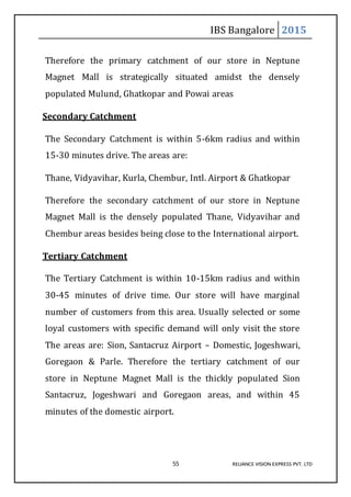 IBS Bangalore 2015
55 RELIANCE VISION EXPRESS PVT. LTD
Therefore the primary catchment of our store in Neptune
Magnet Mall is strategically situated amidst the densely
populated Mulund, Ghatkopar and Powai areas
Secondary Catchment
The Secondary Catchment is within 5-6km radius and within
15-30 minutes drive. The areas are:
Thane, Vidyavihar, Kurla, Chembur, Intl. Airport & Ghatkopar
Therefore the secondary catchment of our store in Neptune
Magnet Mall is the densely populated Thane, Vidyavihar and
Chembur areas besides being close to the International airport.
Tertiary Catchment
The Tertiary Catchment is within 10-15km radius and within
30-45 minutes of drive time. Our store will have marginal
number of customers from this area. Usually selected or some
loyal customers with specific demand will only visit the store
The areas are: Sion, Santacruz Airport – Domestic, Jogeshwari,
Goregaon & Parle. Therefore the tertiary catchment of our
store in Neptune Magnet Mall is the thickly populated Sion
Santacruz, Jogeshwari and Goregaon areas, and within 45
minutes of the domestic airport.
 