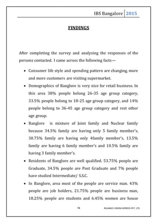 IBS Bangalore 2015
74 RELIANCE VISION EXPRESS PVT. LTD
FINDINGS
After completing the survey and analysing the responses of the
persons contacted. I came across the following facts—
 Consumer life style and spending pattern are changing, more
and more customers are visiting supermarket.
 Demographics of Banglore is very nice for retail business. In
this area 38% people belong 26-35 age group category,
33.5% people belong to 18-25 age group category, and 14%
people belong to 36-45 age group category and rest other
age group.
 Banglore is mixture of Joint family and Nuclear family
because 34.5% family are having only 5 family member’s,
30.75% family are having only 4family member’s, 13.5%
family are having 6 family member’s and 10.5% family are
having 3 family member’s.
 Residents of Banglore are well qualified. 53.75% people are
Graduate, 34.5% people are Post Graduate and 7% people
have studied Intermediate/ S.S.C.
 In Banglore, area most of the people are service man. 43%
people are job holders, 21.75% people are business man,
18.25% people are students and 6.45% women are house
 
