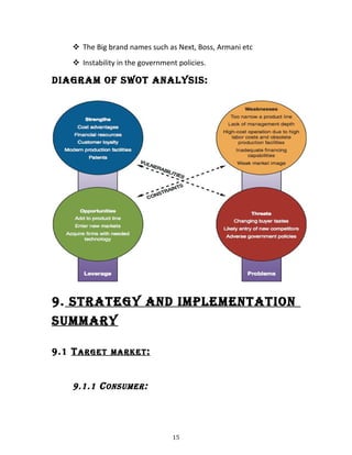  The Big brand names such as Next, Boss, Armani etc
 Instability in the government policies.
DiaGRam of Swot analySiS:
9. StRatEGy anD imPlEmEntation
SUmmaRy
9.1 taRGEt maRKEt:
9.1.1 ConSUmER:
15
 