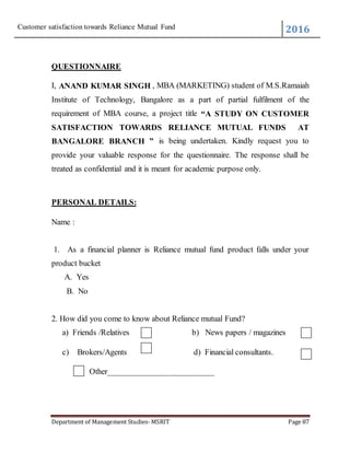 Reliance Satisfaction Form.pdf CUSTOMER SATISFACTION TOWARDS RELIANCE MUTUAL FUNDS | DOCX