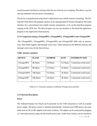 P a g e 33 | 92
crystal/resonator Oscillator is running while the rest of the device is sleeping. This allows very fast
start-up combined with low power consumption.
The device is manufactured using Atmel’s high density non-volatile memory technology. The On-
chip ISP Flash allows the program memory to be reprogrammed In-System through an SPI serial
interface, by a conventional non-volatile memory programmer, or by an On-chip Boot program
running on the AVR core. The Boot program can use any interface to download the application
program in the Application Flash memory.
3.3.4 Comparison among ATmega48PA, ATmega88PA, ATmega168PA and ATmega328P
The ATmega48PA, ATmega88PA, ATmega168PA and ATmega328P differ only in memory
sizes, boot loader support, and interrupt vector sizes. Table summarizes the different memory and
interrupt vector sizes for the three devices.
Table: memory summary
DEVICE FLASH EEPROM RAM INTERRUPT SIZE
ATmega48PA 4K Bytes 256 Bytes 512 Bytes 1 instruction word/vector
ATmega88PA 8K Bytes 512 Bytes 1K Bytes 1 instruction word/vector
ATmega168PA 16K Bytes 512 Bytes 1K Bytes 2 instruction word/vector
ATmega328P 32K Bytes 1K Bytes 2K Bytes 2 instruction word/vector
Table no-3.3.4 memory summary of different ATmega microcontroller
3.3.5 Internal Description
Power
The Arduino/Genuino Uno board can be powered via the USB connection or with an external
power supply. The power source is selected automatically. External (non-USB) power can come
either from an AC-to-DC adapter (wall-wart) or battery. The adapter can be connected by plugging
a 2.1mm center-positive plug into the board's power jack. Leads from a battery can be inserted in
 