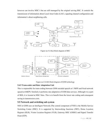 P a g e 49 | 92
however can involve MSC’s but are still managed by the original serving BSC. It controls the
transmission of information about Local Area Codes (LAC), signaling channel configuration and
information’s about neighboring cells.
Figure no-5.4.4(a) block diagram of BSC
Figure no-5.4.4(b) block diagram of GSM technology
5.4.5 Trans-coder and Rate Adaptation Unit
This is responsible for trans-coding between GSM encoded speech at I 3KPS and fixed network
speech at 64KPS. Similarly it performs rate adaptation of GSM data services. Although it is a part
of BSS, it is located at MSC Sites. This is to benefit from the lower rate coding and consequent
saving in transmission costs.
5.5 Network and switching sub system
NSS in GSM uses an Intelligent Network (The central component of NSS is the Mobile Service
Switching Center (MSC). It is supported by Interworking functions (JWF), Home Location
Register (HLR), Visitor Location Register (VLR), Gateway MSC (GMSC) and Signal Transfer
Point (STP).
 