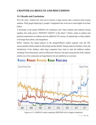 P a g e 89 | 92
CHAPTER (11) RESULTS AND DISCUSSIONS
11.1 Results and Conclusions
Over the years, Arduino has went out to become a huge success and a common name among
students. With google deploying it, people’s imagination has went out to much higher level than
before.
A developer in the annual GOOGLE IO conference said “when Arduino and Android coming
together, this really proves “INFINITY EXISTS” in the future” I think a study on arduino and
practical experiments on arduino must be added for UG courses of engineering, to help students
to leverage their talents, and imagination.
Before Arduino, the largest players in the design/hobbyist market segment were the PIC
microcontroller family (made by Microchip) and the BASIC Stamp (made by Parallax). Since the
introduction of the Arduino, other large companies have tried to enter the hobbyist market,
including Texas Instruments, and even Microsoft. However, the open-sourced tools of the Arduino
and the size of its community are large barriers for new platforms to overcome.
Figure no-11.1 GOOGLE trends comparing ARDUINO with its biggest competitors
 