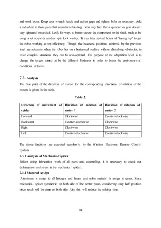 38
and work loose. Keep your wrench handy and adjust gaps and tighten bolts as necessary. Add
a dab of oil to those parts that seem to be binding. You may find that a sprocket or gear doesn’t
stay tightened on a shaft. Look for ways to better secure the component to the shaft, such as by
using a set screw or another split lock washer. It may take several hours of “tuning up” to get
the robot working at top efficiency. Though the balanced positions achieved by the previous
level are adequate when the robot lies on a horizontal surface without disturbing obstacles, in
more complex situations they can be non-optimal. The purpose of the adaptation level is to
change the targets aimed at by the different balances in order to better the environmental
conditions detected.
7.3. Analysis
The blue print of the direction of motion for the corresponding directions of rotation of the
motors is given in the table.
Table.2.
Direction of movement of
spider
Direction of rotation of
motor 1
Direction of rotation of
motor 2
Forward Clockwise Counter-clockwise
Backward Counter-clockwise Clockwise
Right Clockwise Clockwise
Left Counter-clockwise Counter-clockwise
The above functions are executed seamlessly by the Wireless Electronic Remote Control
System.
7.3.1 Analysis of Mechanical Spider
Before doing fabrication work of all parts and assembling, it is necessary to check out
deformation and stress in the mechanical spider.
7.3.2 Material Assign
Aluminum is assign to all linkages and fames and nylon material is assign to gears. Since
mechanical spider symmetric on both side of the center plane, considering only half position
since result will be same on both side. Also this will reduce the solving time.
 