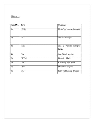 Glossary
Serial No Term Meanings
1) HTML HyperText Markup Language
2) JSP Java Server Pages.
3) J2EE Java 2 Platform Enterprise
Edition.
4) JVM Java Virtual Machine
5) DHTML Dynamic HTML
6) CSS Cascading Style Sheet
7) DFD Data Flow Diagram
8) ERD Entity-Relationship Diagram
 