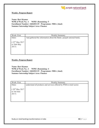 Study on retail banking transformations in India 43 | P a g e
Weekly Progress Report
Name: Ravi Kumar
WPR of Week No.: 1 WPR’s Remaining: 5
Enrollment Number: 1604201135 Programme: MBA ( dual)
Summer Internship Subject Area: Finance
Week- First Weekly Summary
Dates
( 22th
May 2017
to 26th May
2017)
had gathered the information about the Bank ( punjab national bank).
Weekly Progress Report
Name: Ravi Kumar
WPR of Week No.: 2 WPR’s Remaining: 4
Enrollment Number: 1604201135 Programme: MBA ( dual)
Summer Internship Subject Area: Finance
Week- First Weekly Summary
Dates
( 28th
May 2017
to 3rd June
2017)
understand all products and services offered by PNB in retail sector.
 