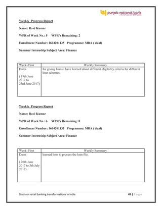 Study on retail banking transformations in India 45 | P a g e
Weekly Progress Report
Name: Ravi Kumar
WPR of Week No.: 5 WPR’s Remaining: 2
Enrollment Number: 1604201135 Programme: MBA ( dual)
Summer Internship Subject Area: Finance
Week- First Weekly Summary
Dates
( 19th June
2017 to
23rd June 2017)
for giving loans i have learned about different eligibility criteria for different
loan schemes.
Weekly Progress Report
Name: Ravi Kumar
WPR of Week No.: 6 WPR’s Remaining: 0
Enrollment Number: 1604201135 Programme: MBA ( dual)
Summer Internship Subject Area: Finance
Week- First Weekly Summary
Dates
( 26th June
2017 to 5th July
2017)
learned how to process the loan file.
 