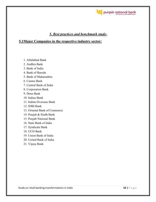 Study on retail banking transformations in India 52 | P a g e
5. Best practices and benchmark study-
5.1Major Companies in the respective industry sector:
1. Allahabad Bank
2. Andhra Bank
3. Bank of India
4. Bank of Baroda
5. Bank of Maharashtra
6. Canara Bank
7. Central Bank of India
8. Corporation Bank
9. Dena Bank
10. Indian Bank
11. Indian Overseas Bank
12. IDBI Bank
13. Oriental Bank of Commerce
14. Punjab & Sindh Bank
15. Punjab National Bank
16. State Bank of India
17. Syndicate Bank
18. UCO Bank
19. Union Bank of India
20. United Bank of India
21. Vijaya Bank
 
