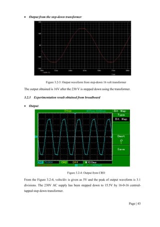 Page | 43
 Output from the step-down transformer
Figure 3.2-3: Output waveform from step-down 16 volt transformer
The output obtained is 16V after the 230 V is stepped down using the transformer.
3.2.3 Experimentation result obtained from breadboard
 Output
Figure 3.2-4: Output from CRO
From the Figure 3.2-4, volts/div is given as 5V and the peak of output waveform is 3.1
divisions. The 230V AC supply has been stepped down to 15.5V by 16-0-16 centred-
tapped step down transformer.
 