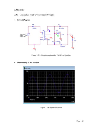 Page | 45
3.3 Rectifier
3.3.1 Simulation result of centre-tapped rectifier
 Circuit Diagram
Figure 3.2-5: Simulation circuit for Full Wave Rectifier
 Input supply to the rectifier
Figure 3.2-6: Input Waveform
D1
D1N4004
D2
D1N4004
D3 D1N4004
D4
D1N4004
R3
625
0
0
V2
FREQ = 50
VAMPL = 230V
VOFF = 0V
R4
0.000005
0
R10
1k
0
Lp
Ls1
Ls2
TX6
XFRM_LIN/CT-SEC
V
V
V
 