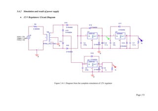 Page | 53
3.4.2 Simulation and result of power supply
 12 V Regulators: Circuit Diagram
Figure 3.4-1: Diagram from the complete simulation of 12V regulator
C3
0.1u
0
C7
0.1u
0
C8
33u
0
0
D13
D1N4004
D14
D1N4004
D15
D1N4004
D16
D1N4004
C5
470u
U1
LM7812C
IN
1
OUT
2
GND
3
U2
LM7912C
IN
3
OUT
2
GND
1
C4
1u 1k
D17
D1N4004
D18
D1N4004
D10
D1N4004
D11
C2
470u
V4
FREQ = 50
VAMPL = 230V
VOFF = 0V
R8
0.000005
Lp
Ls1
Ls2
TX6
XFRM_LIN/CT-SEC
U3
LM7805C
IN
1
OUT
2
GND
3
D19
D1N4004
D20
D1N4004
R7
1k
V
V
V
 