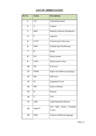 Page | iv
LIST OF ABBREVIATION
Sl. No. Terms Descriptions
1 A.C Alternating current
2 A Ampere
3 BSD Berkeley Software Distribution
4 C capacitor
5 CCTV Closed circuit Television
6 CRO Cathode Ray Oscilloscope
7 D Diode
8 D.C Direct current
9 E.M.F Electro motive force
10 FW Full wave
11 HTML Hyper Text Mark-up Language
12 HW Half wave
13 IC Integrated Circuit
14 PIR Passive Infrared
15 R Resistor
16 V Volt
17 LDR Light Dependent Resistor
18 OpenCV
Free Open Source Computer
Vision
19 XML Extensive Mark-up Language
 