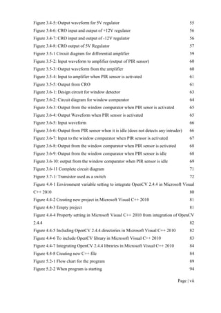 Page | vii
Figure 3.4-5: Output waveform for 5V regulator 55
Figure 3.4-6: CRO input and output of +12V regulator 56
Figure 3.4-7: CRO input and output of -12V regulator 56
Figure 3.4-8: CRO output of 5V Regulator 57
Figure 3.5-1 Circuit diagram for differential amplifier 59
Figure 3.5-2: Input waveform to amplifier (output of PIR sensor) 60
Figure 3.5-3: Output waveform from the amplifier 60
Figure 3.5-4: Input to amplifier when PIR sensor is activated 61
Figure 3.5-5: Output from CRO 61
Figure 3.6-1: Design circuit for window detector 63
Figure 3.6-2: Circuit diagram for window comparator 64
Figure 3.6-3: Output from the window comparator when PIR senor is activated 65
Figure 3.6-4: Output Waveform when PIR sensor is activated 65
Figure 3.6-5: Input waveform 66
Figure 3.6-6: Output from PIR sensor when it is idle (does not detects any intruder) 66
Figure 3.6-7: Input to the window comparator when PIR sensor is activated 67
Figure 3.6-8: Output from the window comparator when PIR sensor is activated 68
Figure 3.6-9: Output from the window comparator when PIR sensor is idle 68
Figure 3.6-10: output from the window comparator when PIR sensor is idle 69
Figure 3.6-11 Complete circuit diagram 71
Figure 3.7-1: Transistor used as a switch 72
Figure 4.4-1 Environment variable setting to integrate OpenCV 2.4.4 in Microsoft Visual
C++ 2010 80
Figure 4.4-2 Creating new project in Microsoft Visual C++ 2010 81
Figure 4.4-3 Empty project 81
Figure 4.4-4 Property setting in Microsoft Visual C++ 2010 from integration of OpenCV
2.4.4 82
Figure 4.4-5 Including OpenCV 2.4.4 directories in Microsoft Visual C++ 2010 82
Figure 4.4-6 To include OpenCV library in Microsoft Visual C++ 2010 83
Figure 4.4-7 Integrating OpenCV 2.4.4 libraries in Microsoft Visual C++ 2010 84
Figure 4.4-8 Creating new C++ file 84
Figure 5.2-1 Flow chart for the program 89
Figure 5.2-2 When program is starting 94
 