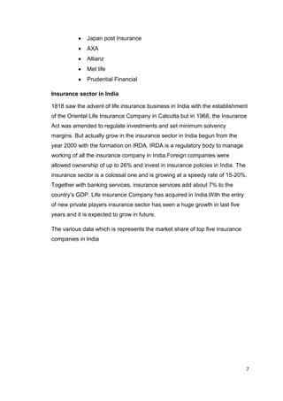 7
Japan post Insurance
AXA
Allianz
Met life
Prudential Financial
Insurance sector in India
1818 saw the advent of life insurance business in India with the establishment
of the Oriental Life Insurance Company in Calcutta but in 1968, the Insurance
Act was amended to regulate investments and set minimum solvency
margins. But actually grow in the insurance sector in India begun from the
year 2000 with the formation on IRDA. IRDA is a regulatory body to manage
working of all the insurance company in India.Foreign companies were
allowed ownership of up to 26% and invest in insurance policies in India. The
insurance sector is a colossal one and is growing at a speedy rate of 15-20%.
Together with banking services, insurance services add about 7% to the
country’s GDP. Life insurance Company has acquired in India.With the entry
of new private players insurance sector has seen a huge growth in last five
years and it is expected to grow in future.
The various data which is represents the market share of top five insurance
companies in India
 