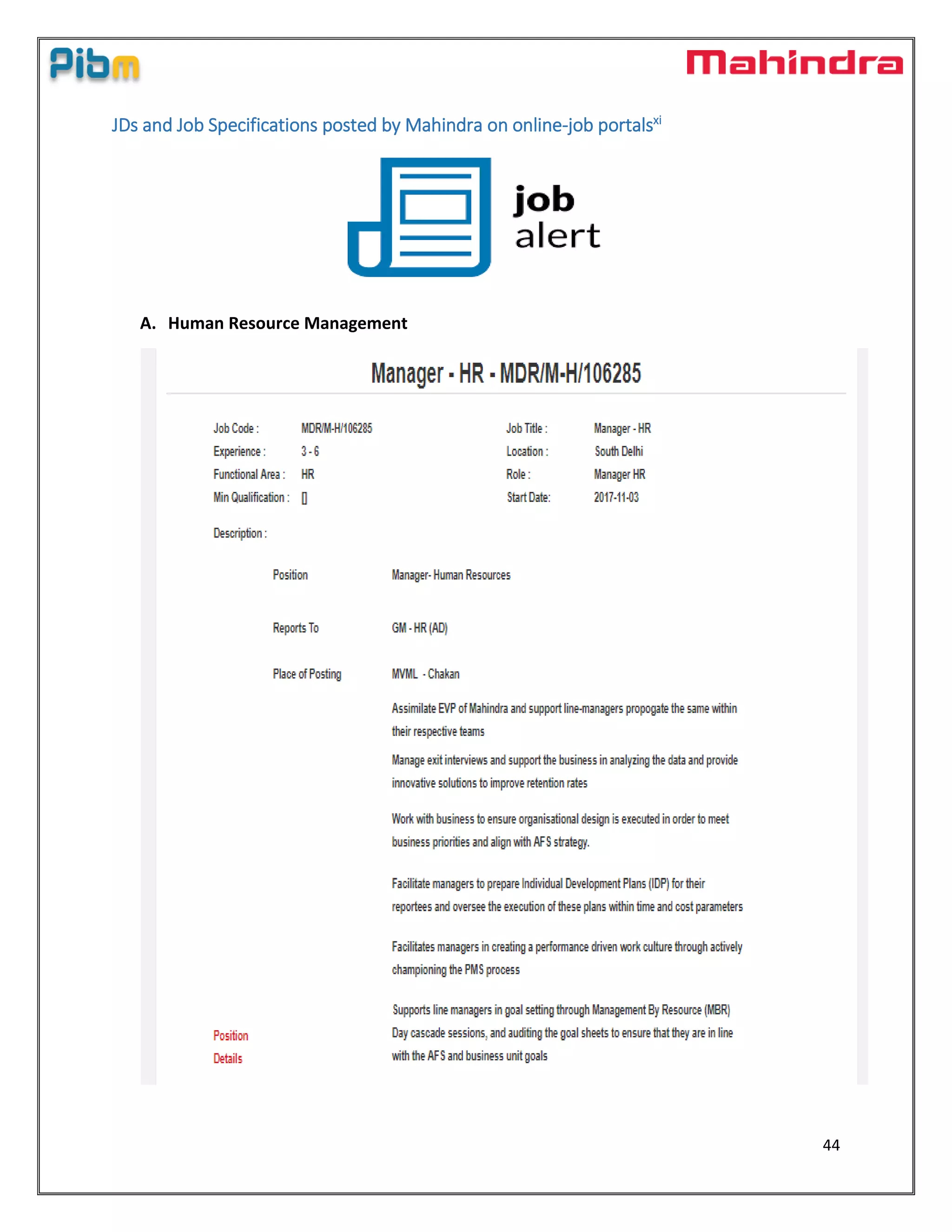 44
JDs and Job Specifications posted by Mahindra on online-job portalsxi
A. Human Resource Management
 
