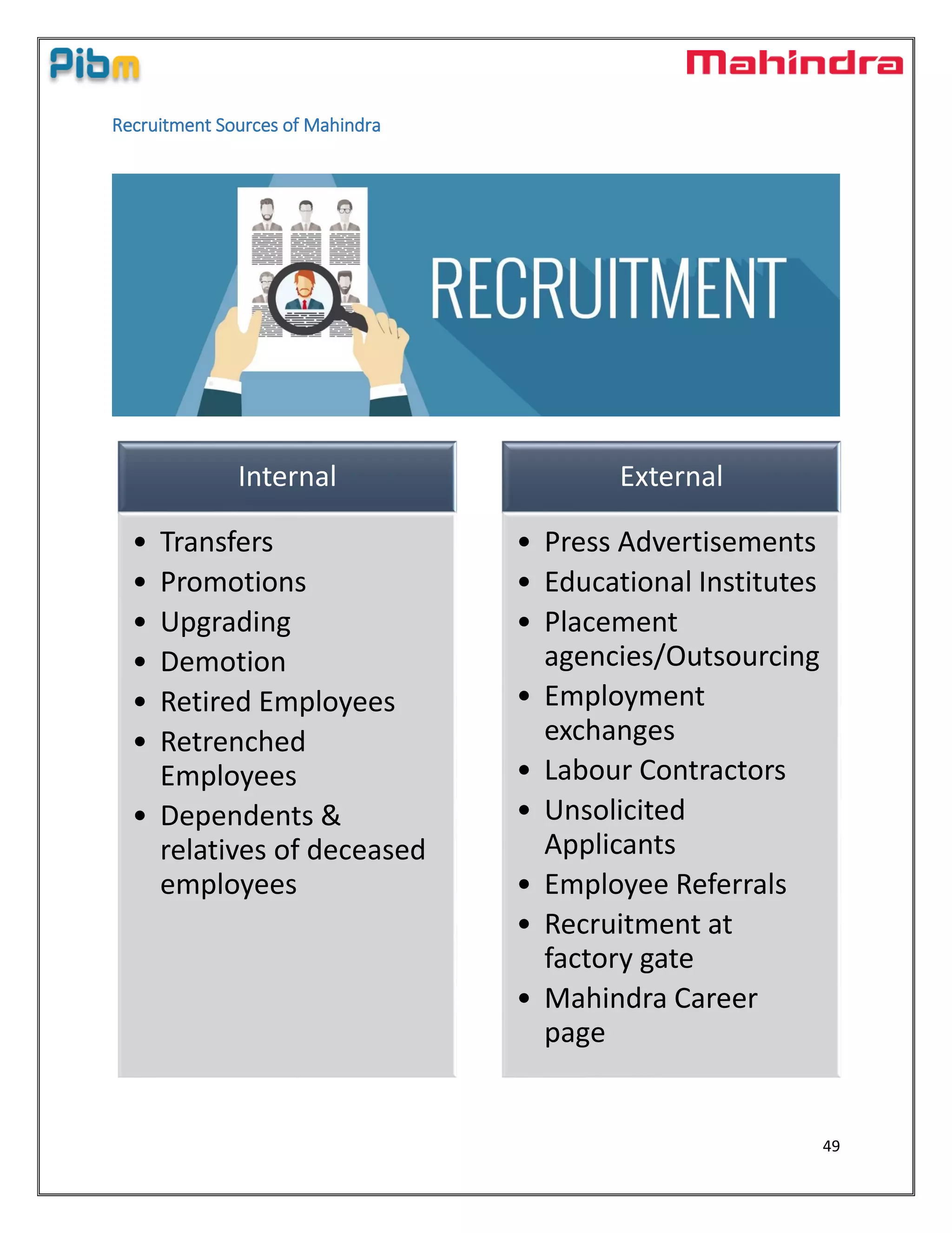 49
Recruitment Sources of Mahindra
Internal
• Transfers
• Promotions
• Upgrading
• Demotion
• Retired Employees
• Retrenched
Employees
• Dependents &
relatives of deceased
employees
External
• Press Advertisements
• Educational Institutes
• Placement
agencies/Outsourcing
• Employment
exchanges
• Labour Contractors
• Unsolicited
Applicants
• Employee Referrals
• Recruitment at
factory gate
• Mahindra Career
page
 
