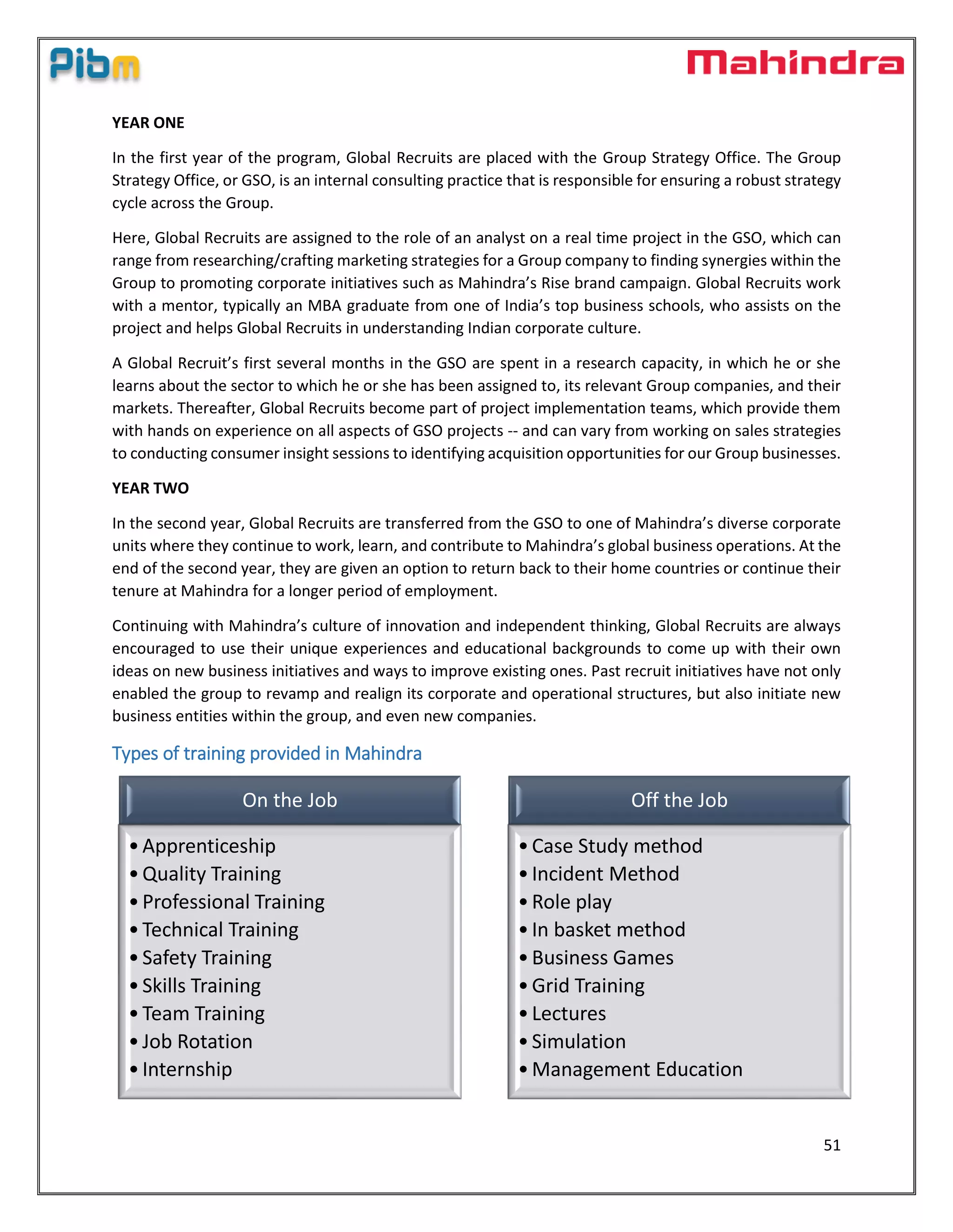 51
YEAR ONE
In the first year of the program, Global Recruits are placed with the Group Strategy Office. The Group
Strategy Office, or GSO, is an internal consulting practice that is responsible for ensuring a robust strategy
cycle across the Group.
Here, Global Recruits are assigned to the role of an analyst on a real time project in the GSO, which can
range from researching/crafting marketing strategies for a Group company to finding synergies within the
Group to promoting corporate initiatives such as Mahindra’s Rise brand campaign. Global Recruits work
with a mentor, typically an MBA graduate from one of India’s top business schools, who assists on the
project and helps Global Recruits in understanding Indian corporate culture.
A Global Recruit’s first several months in the GSO are spent in a research capacity, in which he or she
learns about the sector to which he or she has been assigned to, its relevant Group companies, and their
markets. Thereafter, Global Recruits become part of project implementation teams, which provide them
with hands on experience on all aspects of GSO projects -- and can vary from working on sales strategies
to conducting consumer insight sessions to identifying acquisition opportunities for our Group businesses.
YEAR TWO
In the second year, Global Recruits are transferred from the GSO to one of Mahindra’s diverse corporate
units where they continue to work, learn, and contribute to Mahindra’s global business operations. At the
end of the second year, they are given an option to return back to their home countries or continue their
tenure at Mahindra for a longer period of employment.
Continuing with Mahindra’s culture of innovation and independent thinking, Global Recruits are always
encouraged to use their unique experiences and educational backgrounds to come up with their own
ideas on new business initiatives and ways to improve existing ones. Past recruit initiatives have not only
enabled the group to revamp and realign its corporate and operational structures, but also initiate new
business entities within the group, and even new companies.
Types of training provided in Mahindra
On the Job
•Apprenticeship
•Quality Training
•Professional Training
•Technical Training
•Safety Training
•Skills Training
•Team Training
•Job Rotation
•Internship
Off the Job
•Case Study method
•Incident Method
•Role play
•In basket method
•Business Games
•Grid Training
•Lectures
•Simulation
•Management Education
 