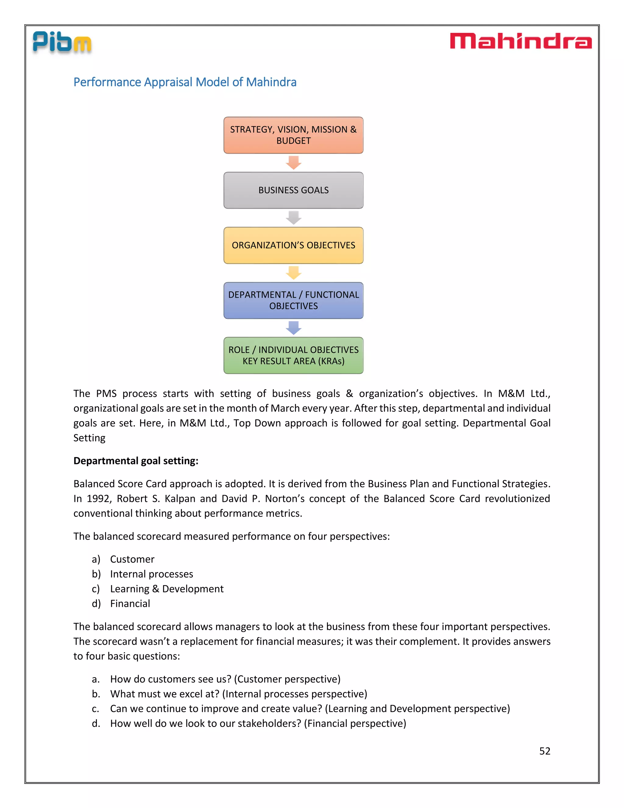 52
Performance Appraisal Model of Mahindra
The PMS process starts with setting of business goals & organization’s objectives. In M&M Ltd.,
organizational goals are set in the month of March every year. After this step, departmental and individual
goals are set. Here, in M&M Ltd., Top Down approach is followed for goal setting. Departmental Goal
Setting
Departmental goal setting:
Balanced Score Card approach is adopted. It is derived from the Business Plan and Functional Strategies.
In 1992, Robert S. Kalpan and David P. Norton’s concept of the Balanced Score Card revolutionized
conventional thinking about performance metrics.
The balanced scorecard measured performance on four perspectives:
a) Customer
b) Internal processes
c) Learning & Development
d) Financial
The balanced scorecard allows managers to look at the business from these four important perspectives.
The scorecard wasn’t a replacement for financial measures; it was their complement. It provides answers
to four basic questions:
a. How do customers see us? (Customer perspective)
b. What must we excel at? (Internal processes perspective)
c. Can we continue to improve and create value? (Learning and Development perspective)
d. How well do we look to our stakeholders? (Financial perspective)
STRATEGY, VISION, MISSION &
BUDGET
BUSINESS GOALS
ORGANIZATION’S OBJECTIVES
DEPARTMENTAL / FUNCTIONAL
OBJECTIVES
ROLE / INDIVIDUAL OBJECTIVES
KEY RESULT AREA (KRAs)
 