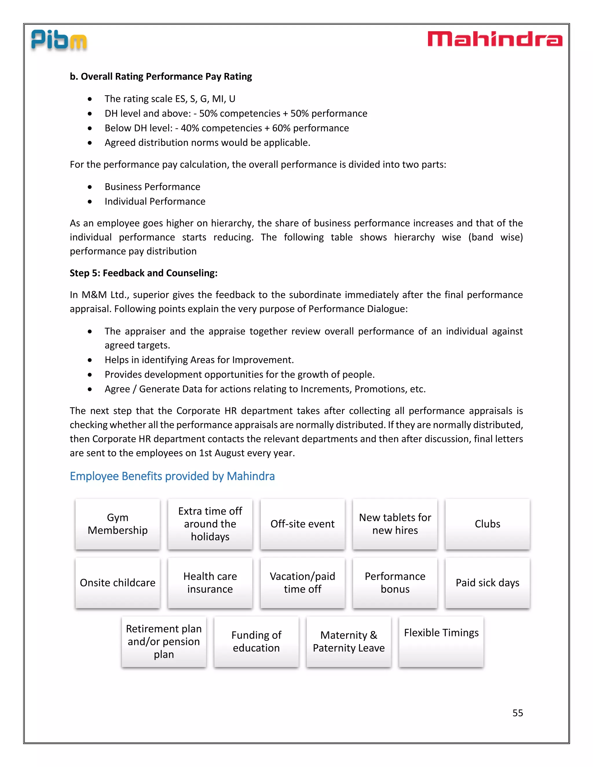 55
b. Overall Rating Performance Pay Rating
 The rating scale ES, S, G, MI, U
 DH level and above: - 50% competencies + 50% performance
 Below DH level: - 40% competencies + 60% performance
 Agreed distribution norms would be applicable.
For the performance pay calculation, the overall performance is divided into two parts:
 Business Performance
 Individual Performance
As an employee goes higher on hierarchy, the share of business performance increases and that of the
individual performance starts reducing. The following table shows hierarchy wise (band wise)
performance pay distribution
Step 5: Feedback and Counseling:
In M&M Ltd., superior gives the feedback to the subordinate immediately after the final performance
appraisal. Following points explain the very purpose of Performance Dialogue:
 The appraiser and the appraise together review overall performance of an individual against
agreed targets.
 Helps in identifying Areas for Improvement.
 Provides development opportunities for the growth of people.
 Agree / Generate Data for actions relating to Increments, Promotions, etc.
The next step that the Corporate HR department takes after collecting all performance appraisals is
checking whether all the performance appraisals are normally distributed. If they are normally distributed,
then Corporate HR department contacts the relevant departments and then after discussion, final letters
are sent to the employees on 1st August every year.
Employee Benefits provided by Mahindra
Gym
Membership
Extra time off
around the
holidays
Off-site event
New tablets for
new hires
Clubs
Onsite childcare
Health care
insurance
Vacation/paid
time off
Performance
bonus
Paid sick days
Retirement plan
and/or pension
plan
Funding of
education
Maternity &
Paternity Leave
Flexible Timings
 