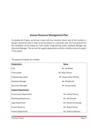Human Resource Management Plan
To develop the Project, we formed a team with four members where each of the members is
going to spread the tasks in order to do the project in a systematic way. The Four positions for
the completion of this project are Team Leader, Programming Leader, Database Manager and
Document Manager. The rest are the support departments and their members who will support
in this project.
The positions assigned are as below:
Designations Name
CEO Mr. Ali Mehdi
Team Leader Mr. Baqir Hassan
Programming Leader Mr. Rizwan Khan Khattaq
Database Manager Mr. Mustafa Ali
Document Manager Mr. Pervaiz Aslam
Support Departments
Procurement Department Ms. Sheetal Pervaiz
Marketing Department Mr. Atif Chandio
Legal Department Mr. Musharraf Jahangir
Human Resource Mr. Waqar Hassan
Finance Department Mr. Khalil-ur-Rehman
Semester Project Page 22
 