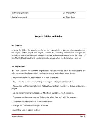 Technical Department Mr. Khawar Khan
Quality Department Mr. Adeel Shah
Responsibilities and Roles
Mr. Ali Mehdi
As being the CEO of the organization he has the responsibility to oversee all the activities and
the progress of the project. The Project Lead and the supporting departments Managers are
required to establish a communication with the CEO and convey the progress of the project to
him. The CEO has the authority to interfere in the project when needed or when required.
Mr. Baqir Hassan
The Team Leader of our team Mr. Baqir Hassan. He is responsible for all the activities that are
going to take and involve complete the development of Airline Reservation System.
• Responsibilities for Mr. Baqir Hassan as a Team Leader are:
• Responsible to communicate with higher management for project information.
• Responsible for the meeting time of that available for team members to discuss and develop
project.
• Special rights in making final decisions if the team is unable to reach a decision.
• Encourage members to create and feel creative when they work with the program.
• Encourage members to produce to their best ability.
• Manage and Coordinate the Project Activities.
• Submitting project reports on time.
Semester Project Page 23
 