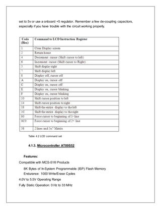 set to 5v or use a onboard +5 regulator. Remember a few de-coupling capacitors,
especially if you have trouble with the circuit working properly.
Table 4.2 LCD command set
4.1.3. Microcontroller AT89S52
Features:
Compatible with MCS-51® Products
8K Bytes of In-System Programmable (ISP) Flash Memory
Endurance: 1000 Write/Erase Cycles
4.0V to 5.5V Operating Range
Fully Static Operation: 0 Hz to 33 MHz
 