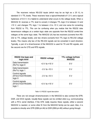 The receivers reduce RS-232 inputs (which may be as high as ± 25 V), to
standard 5 V TTL levels. These receivers have a typical threshold of 1.3 V, and a typical
hysteresis of 0.5 V. It is helpful to understand what occurs to the voltage levels. When a
MAX232 IC receives a TTL level to convert, it changes TTL logic 0 to between +3 and
+15 V, and changes TTL logic 1 to between -3 to -15 V, and vice versa for converting
from RS232 to TTL. This can be confusing when you realize that the RS232 data
transmission voltages at a certain logic state are opposite from the RS232 control line
voltages at the same logic state. The MAX232 (A) has two receivers (converts from RS-
232 to TTL voltage levels), and two drivers (converts from TTL logic to RS-232 voltage
levels). This means only two of the RS-232 signals can be converted in each direction.
Typically, a pair of a driver/receiver of the MAX232 is used for TX and RX signals, and
the second one for CTS and RTS signals.
Table 4.3 RS232 signal description
There are not enough drivers/receivers in the MAX232 to also connect the DTR,
DSR, and DCD signals. Usually these signals can be omitted when e.g. communicating
with a PC's serial interface. If the DTE really requires these signals, either a second
MAX232 is needed, or some other IC from the MAX232 family can be used. Also, it is
possible to directly wire DTR (DB9 pin #4) to DSR (DB9 pin #6) without going through
 