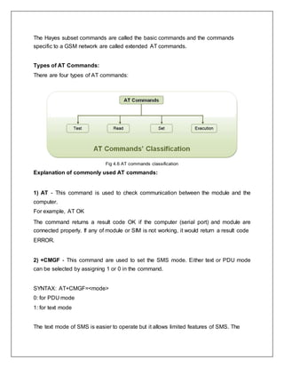 The Hayes subset commands are called the basic commands and the commands
specific to a GSM network are called extended AT commands.
Types of AT Commands:
There are four types of AT commands:
Fig 4.6 AT commands classification
Explanation of commonly used AT commands:
1) AT - This command is used to check communication between the module and the
computer.
For example, AT OK
The command returns a result code OK if the computer (serial port) and module are
connected properly. If any of module or SIM is not working, it would return a result code
ERROR.
2) +CMGF - This command are used to set the SMS mode. Either text or PDU mode
can be selected by assigning 1 or 0 in the command.
SYNTAX: AT+CMGF=<mode>
0: for PDU mode
1: for text mode
The text mode of SMS is easier to operate but it allows limited features of SMS. The
 