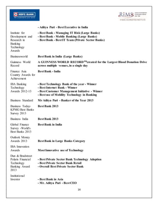 14
- Aditya Puri - Best Executive in India
Institute for
Development and
Research in
Banking
Technology
Awards
- Best Bank - Managing IT Risk (Large Banks)
- Best Bank - Mobile Banking (Large Banks)
- Best Bank - Best IT Team (Private Sector Banks)
Businessworld Best Bank in India (Large Banks)
Guinness World
Record
A GUINNESS WORLD RECORDTMcreated for the Largest Blood Donation Drive
across multiple venues, in a single day
Finance Asia
Country Awards for
Achievement
Best Bank - India
IBA Banking
Technology
Awards 2012-13
- Best Technology Bank of the year - Winner
- Best Internet Bank - Winner
- Best Customer Management Initiative - Winner
- Best use of Mobility Technology in Banking
Business Standard Mr Aditya Puri - Banker of the Year 2013
Business Today-
KPMG Best Banks
Survey 2013
Best Bank 2013
Business India Best Bank 2013
Global Finance
Survey -World's
Best Banks 2013
Best Bank in India
Outlook Money
Awards 2013 Best Bank in Large Banks Category
IBA Innovation
Awards Most Innovative use of Technology
Dun & Bradstreet
Polaris Financial
Technology
Banking Award
2013
- Best Private Sector Bank Technology Adoption
- Best Private Sector Bank Retail
- Overall Best Private Sector Bank
Institutional
Investor - Best Bank in Asia
- Mr. Aditya Puri - Best CEO
 