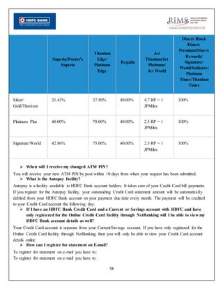 58
Superia/Doctor's
Superia
Titanium
Edge/
Platinum
Edge
Regalia
Jet
Titanium/Jet
Platinum/
Jet World
Diners Black
/Diners
Premium/Diners
Rewardz/
Signature/
World/Solitaire/
Platinum
Times/Titanium
Times
Silver/
Gold/Titanium
21.43% 37.50% 40.00% 4.7 RP = 1
JPMiles
100%
Platinum Plus 40.00% 70.00% 40.00% 2.5 RP = 1
JPMiles
100%
Signature/World 42.86% 75.00% 40.00% 2.3 RP = 1
JPMiles
100%
 When will I receive my changed ATM PIN?
You will receive your new ATM PIN by post within 10 days from when your request has been submitted.
 What is the Autopay facility?
Autopay is a facility available to HDFC Bank account holders. It takes care of your Credit Card bill payments.
If you register for the Autopay facility, your outstanding Credit Card statement amount will be automatically
debited from your HDFC Bank account on your payment due date every month. The payment will be credited
to your Credit Card account the following day.
 If I have an HDFC Bank Credit Card and a Current or Savings account with HDFC and have
only registered for the Online Credit Card facility through NetBanking will I be able to view my
HDFC Bank account details as well?
Your Credit Card account is separate from your Current/Savings account. If you have only registered for the
Online Credit Card facility through NetBanking then you will only be able to view your Credit Card account
details online.
 How can I register for statement on E-mail?
To register for statement on e-mail you have to:
To register for statement on e-mail you have to:
 