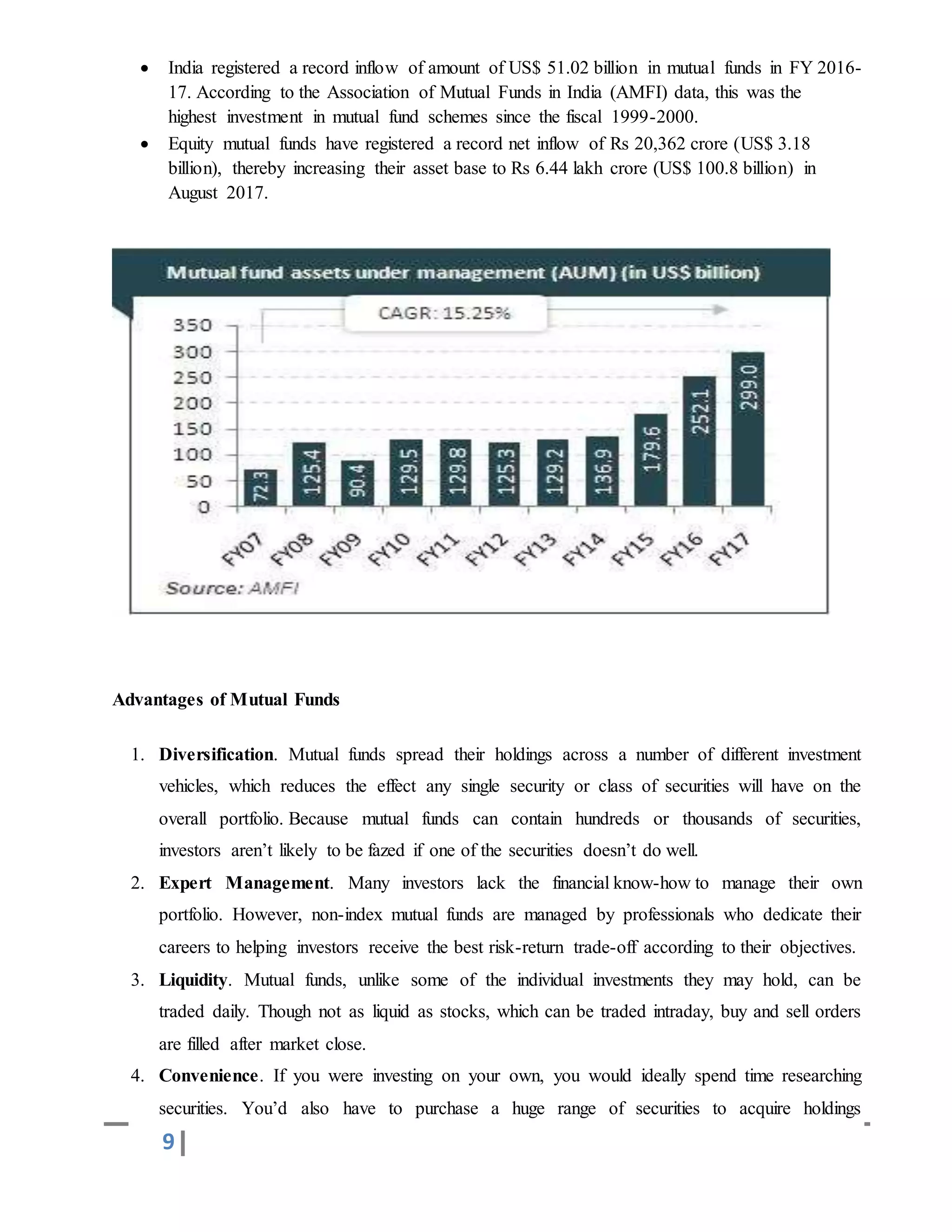 9
 India registered a record inflow of amount of US$ 51.02 billion in mutual funds in FY 2016-
17. According to the Association of Mutual Funds in India (AMFI) data, this was the
highest investment in mutual fund schemes since the fiscal 1999-2000.
 Equity mutual funds have registered a record net inflow of Rs 20,362 crore (US$ 3.18
billion), thereby increasing their asset base to Rs 6.44 lakh crore (US$ 100.8 billion) in
August 2017.
Advantages of Mutual Funds
1. Diversification. Mutual funds spread their holdings across a number of different investment
vehicles, which reduces the effect any single security or class of securities will have on the
overall portfolio. Because mutual funds can contain hundreds or thousands of securities,
investors aren’t likely to be fazed if one of the securities doesn’t do well.
2. Expert Management. Many investors lack the financial know-how to manage their own
portfolio. However, non-index mutual funds are managed by professionals who dedicate their
careers to helping investors receive the best risk-return trade-off according to their objectives.
3. Liquidity. Mutual funds, unlike some of the individual investments they may hold, can be
traded daily. Though not as liquid as stocks, which can be traded intraday, buy and sell orders
are filled after market close.
4. Convenience. If you were investing on your own, you would ideally spend time researching
securities. You’d also have to purchase a huge range of securities to acquire holdings
 