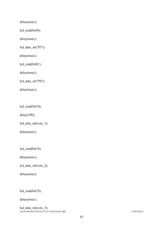 JAHANGIRABAD INSTITUTE OF TECHNOLOGY BBK B.TECH(ECE)
37
delay(msec);
lcd_cmd(0x88);
delay(msec);
lcd_data_str("P3");
delay(msec);
lcd_cmd(0x8C);
delay(msec);
lcd_data_str("P4");
delay(msec);
lcd_cmd(0xC0);
delay(100);
lcd_data_int(vote_1);
delay(msec);
lcd_cmd(0xC4);
delay(msec);
lcd_data_int(vote_2);
delay(msec);
lcd_cmd(0xC8);
delay(msec);
lcd_data_int(vote_3);
 