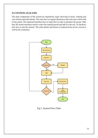 26
5.2 SYSTEM ANALYSIS
The main components of this system are registration, login, browsing of items, ordering and
view history and order details. The users have to register themselves then only they will be able
to buy goods. The registered members have to login first in order to purchase the goods. After
that, the users(consumers) need to select the required goods and add it to the cart. At checkout,
they have to pay the amount. The order details and history of ordered items can be viewed as
well by the consumers.
Fig 1. System Flow Chart
 