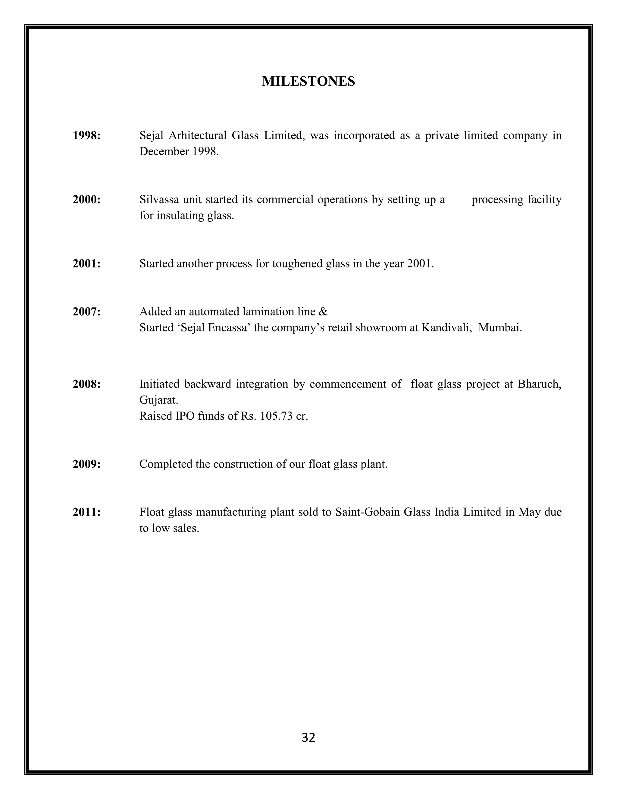 32
MILESTONES
1998: Sejal Arhitectural Glass Limited, was incorporated as a private limited company in
December 1998.
2000: Silvassa unit started its commercial operations by setting up a processing facility
for insulating glass.
2001: Started another process for toughened glass in the year 2001.
2007: Added an automated lamination line &
Started ‘Sejal Encassa’ the company’s retail showroom at Kandivali, Mumbai.
2008: Initiated backward integration by commencement of float glass project at Bharuch,
Gujarat.
Raised IPO funds of Rs. 105.73 cr.
2009: Completed the construction of our float glass plant.
2011: Float glass manufacturing plant sold to Saint-Gobain Glass India Limited in May due
to low sales.
 
