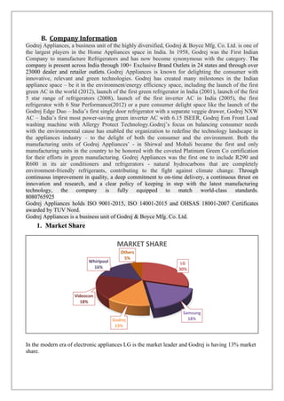 B. Company Information
Godrej Appliances, a business unit of the highly diversified, Godrej & Boyce Mfg. Co. Ltd. is one of
the largest players in the Home Appliances space in India. In 1958, Godrej was the First Indian
Company to manufacture Refrigerators and has now become synonymous with the category. The
company is present across India through 100+ Exclusive Brand Outlets in 24 states and through over
23000 dealer and retailer outlets. Godrej Appliances is known for delighting the consumer with
innovative, relevant and green technologies. Godrej has created many milestones in the Indian
appliance space – be it in the environment/energy efficiency space, including the launch of the first
green AC in the world (2012), launch of the first green refrigerator in India (2001), launch of the first
5 star range of refrigerators (2008), launch of the first inverter AC in India (2005), the first
refrigerator with 6 Star Performance(2012) or a pure consumer delight space like the launch of the
Godrej Edge Duo – India’s first single door refrigerator with a separate veggie drawer, Godrej NXW
AC – India’s first most power-saving green inverter AC with 6.15 ISEER, Godrej Eon Front Load
washing machine with Allergy Protect Technology.Godrej’s focus on balancing consumer needs
with the environmental cause has enabled the organization to redefine the technology landscape in
the appliances industry – to the delight of both the consumer and the environment. Both the
manufacturing units of Godrej Appliances’ - in Shirwal and Mohali became the first and only
manufacturing units in the country to be honored with the coveted Platinum Green Co certification
for their efforts in green manufacturing. Godrej Appliances was the first one to include R290 and
R600 in its air conditioners and refrigerators - natural hydrocarbons that are completely
environment-friendly refrigerants, contributing to the fight against climate change. Through
continuous improvement in quality, a deep commitment to on-time delivery, a continuous thrust on
innovation and research, and a clear policy of keeping in step with the latest manufacturing
technology, the company is fully equipped to match world-class standards.
8080765925
Godrej Appliances holds ISO 9001-2015, ISO 14001-2015 and OHSAS 18001-2007 Certificates
awarded by TUV Nord.
Godrej Appliances is a business unit of Godrej & Boyce Mfg. Co. Ltd.
1. Market Share
In the modern era of electronic appliances LG is the market leader and Godrej is having 13% market
share.
LG
30%
Samsung
18%Godrej
13%
Videocon
18%
Whirlpool
16%
Others
5%
MARKET SHARE
 