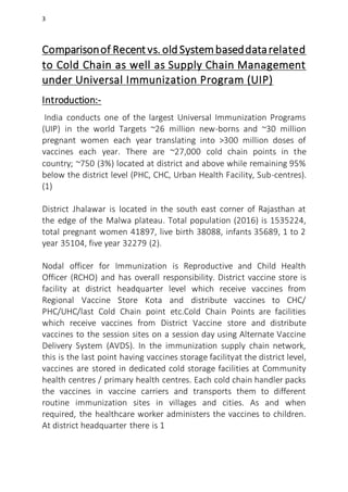 3
Comparisonof Recent vs. old Systembaseddatarelated
to Cold Chain as well as Supply Chain Management
under Universal Immunization Program (UIP)
Introduction:-
India conducts one of the largest Universal Immunization Programs
(UIP) in the world Targets ~26 million new-borns and ~30 million
pregnant women each year translating into >300 million doses of
vaccines each year. There are ~27,000 cold chain points in the
country; ~750 (3%) located at district and above while remaining 95%
below the district level (PHC, CHC, Urban Health Facility, Sub-centres).
(1)
District Jhalawar is located in the south east corner of Rajasthan at
the edge of the Malwa plateau. Total population (2016) is 1535224,
total pregnant women 41897, live birth 38088, infants 35689, 1 to 2
year 35104, five year 32279 (2).
Nodal officer for Immunization is Reproductive and Child Health
Officer (RCHO) and has overall responsibility. District vaccine store is
facility at district headquarter level which receive vaccines from
Regional Vaccine Store Kota and distribute vaccines to CHC/
PHC/UHC/last Cold Chain point etc.Cold Chain Points are facilities
which receive vaccines from District Vaccine store and distribute
vaccines to the session sites on a session day using Alternate Vaccine
Delivery System (AVDS). In the immunization supply chain network,
this is the last point having vaccines storage facilityat the district level,
vaccines are stored in dedicated cold storage facilities at Community
health centres / primary health centres. Each cold chain handler packs
the vaccines in vaccine carriers and transports them to different
routine immunization sites in villages and cities. As and when
required, the healthcare worker administers the vaccines to children.
At district headquarter there is 1
 
