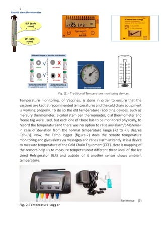 5
Fig. (1):- Traditional Temperature monitoring devices.
Temperature monitoring, of Vaccines, is done in order to ensure that the
vaccines are kept at recommended temperatures and the cold chain equipment
is working properly. To do so the old temperature recording devices, such as
mercury thermometer, alcohol stem cell thermometer, dial thermometer and
freeze tag were used, but each one of these has to be monitored physically, to
record the temperatureand there was no option to raise any alarm/SMS/email
in case of deviation from the normal temperature range (+2 to + 8 degree
Celsius). Now, the Temp logger (figure-2) does the remote temperature
monitoring and gives alerts via messages and raises alarm instantly. It is a device
to measure temperature of the Cold Chain Equipment(CCE). Here is mapping of
the sensors help us to measure temperatureat different three level of the Ice
Lined Refrigerator (ILR) and outside of it another sensor shows ambient
temperature.
Reference (5)
Fig. 2-Temperature Logger
ILR (safe
zone)
+2
0
C to +8
0
C
DF (safe
zone)
-15
0
C to -
25
0
C
Alcohol stem thermometer
 
