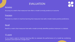 Accuracy
Accuracy is a metric that measures how often a model correctly predicts an outcome
Precision
Precision is a metric in machine learning that measures how well a model makes positive predictions.
F1 score
It is a metric used in machine learning (ML) to evaluate the performance of a model by combining
precision and recall into a single score.
Recall
Recall is a metric that measures how well a model correctly identifies positive instances in a dataset.
EVALUATION
 
