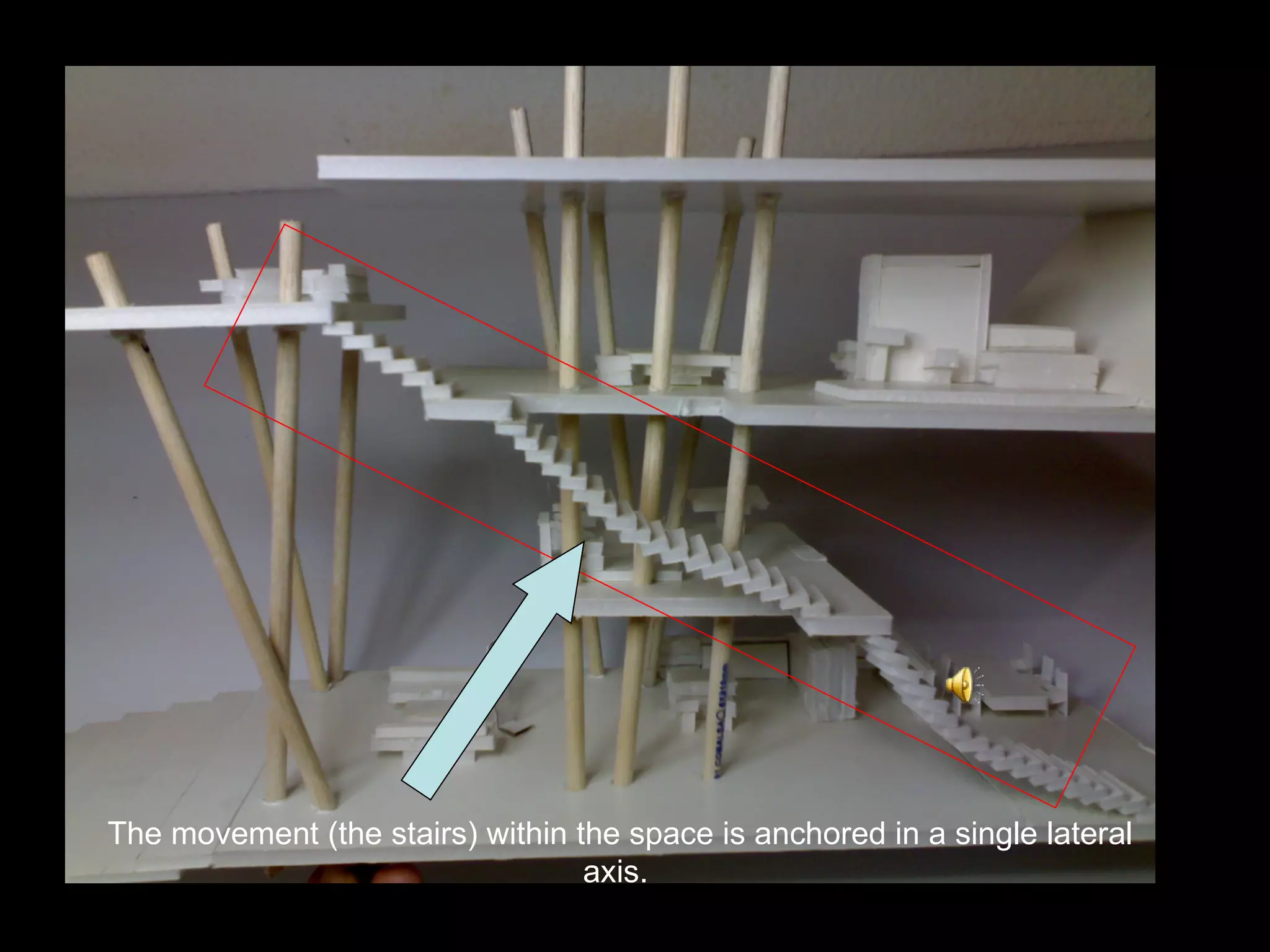 The movement (the stairs) within the space is anchored in a single lateral axis.  