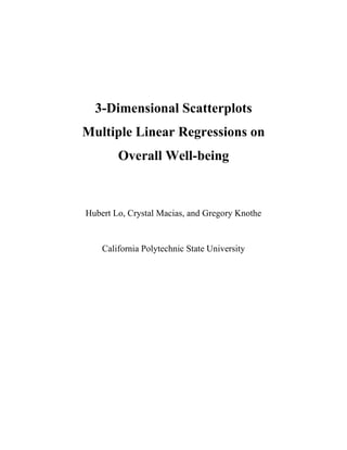 3-Dimensional Scatterplots
Multiple Linear Regressions on
Overall Well-being
Hubert Lo, Crystal Macias, and Gregory Knothe
California Polytechnic State University
 