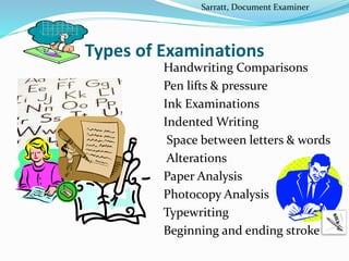 Types of Examinations
Handwriting Comparisons
Pen lifts & pressure
Ink Examinations
Indented Writing
Space between letters & words
Alterations
Paper Analysis
Photocopy Analysis
Typewriting
Beginning and ending stroke
Sarratt, Document Examiner
 