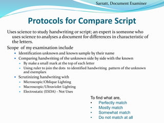 Protocols for Compare Script
Uses science to study handwriting or script; an expert is someone who
uses science to analyses a document for differences in characteristic of
the letters.
Scope of my examination include
 Identification unknown and known sample by their name
 Comparing handwriting of the unknown side by side with the known
 By make a small mark at the top of each letter
 Using ruler to join the dots to identified handwriting pattern of the unknown
and exemplars
 Scrutinizing handwriting with
 Microscopic/Oblique Lighting
 Macroscopic/Ultraviolet Lighting
 Electrostatic (ESDA) - Not Uses
To find what are,
• Perfectly match
• Mostly match
• Somewhat match
• Do not match at all
Sarratt, Document Examiner
 