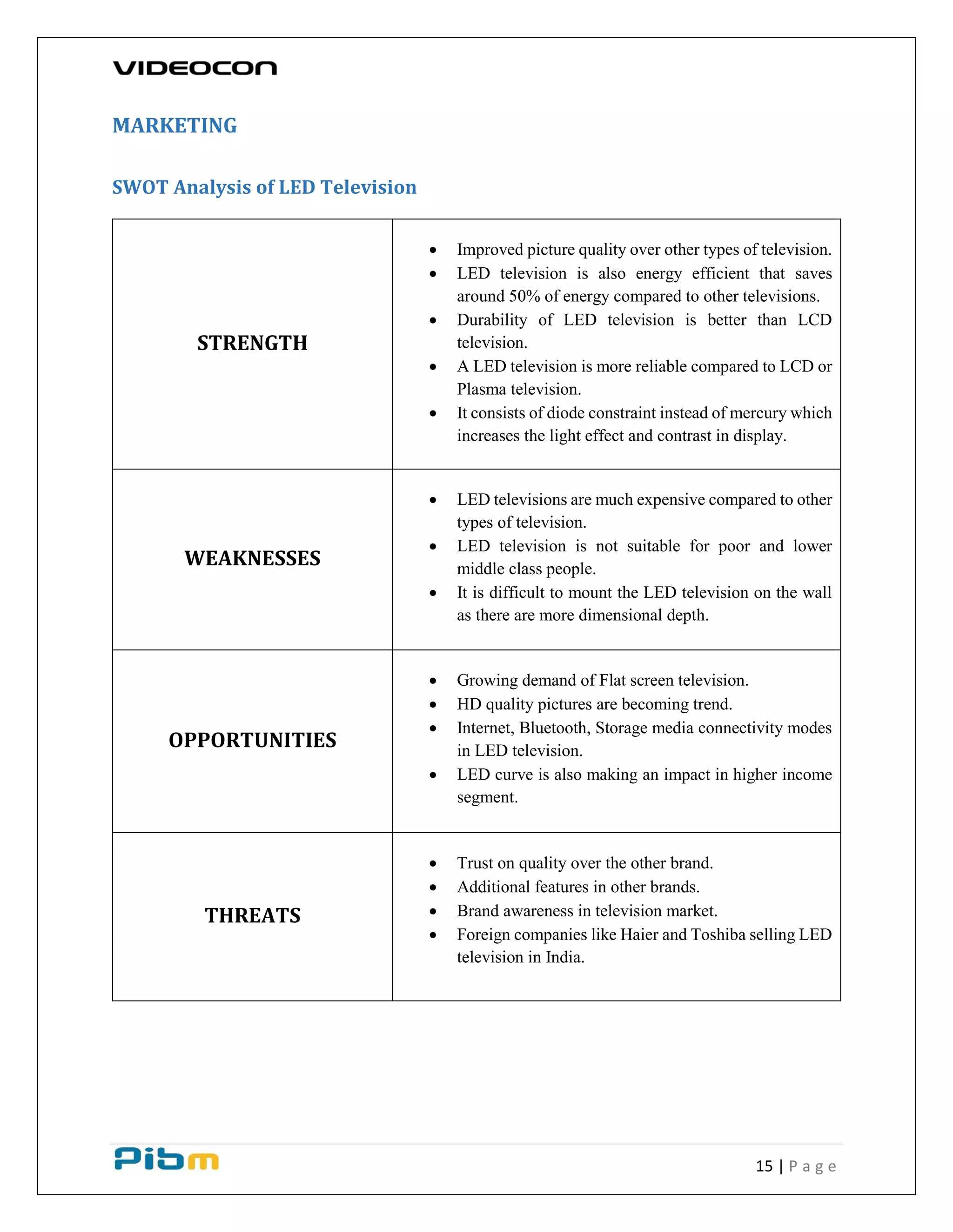 15 | P a g e
MARKETING
SWOT Analysis of LED Television
STRENGTH
 Improved picture quality over other types of television.
 LED television is also energy efficient that saves
around 50% of energy compared to other televisions.
 Durability of LED television is better than LCD
television.
 A LED television is more reliable compared to LCD or
Plasma television.
 It consists of diode constraint instead of mercury which
increases the light effect and contrast in display.
WEAKNESSES
 LED televisions are much expensive compared to other
types of television.
 LED television is not suitable for poor and lower
middle class people.
 It is difficult to mount the LED television on the wall
as there are more dimensional depth.
OPPORTUNITIES
 Growing demand of Flat screen television.
 HD quality pictures are becoming trend.
 Internet, Bluetooth, Storage media connectivity modes
in LED television.
 LED curve is also making an impact in higher income
segment.
THREATS
 Trust on quality over the other brand.
 Additional features in other brands.
 Brand awareness in television market.
 Foreign companies like Haier and Toshiba selling LED
television in India.
 
